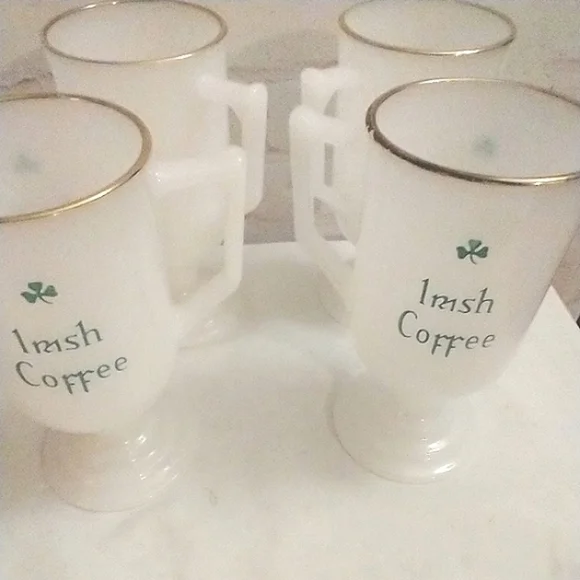 4 Vintage Irish Coffee Footed Milk Glass Mugs - Picture 5 of 7